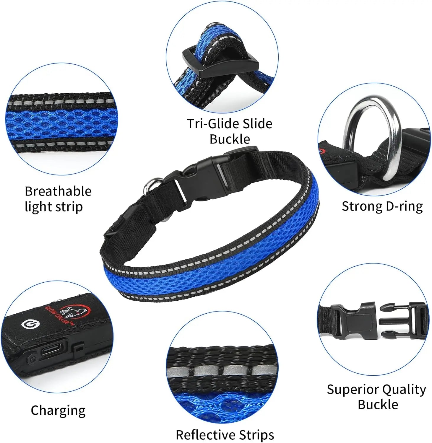 High-Visibility LED Light-Up Dog Collar for Camping & Nighttime Walks, USB Rechargeable, Adjustable, Comfortable & Durable Material Soft Mesh Safety Collar, 5 Sizes (XS-XL) for Small/Medium/Large Dogs, Collars, High-Visibility Led Lights
