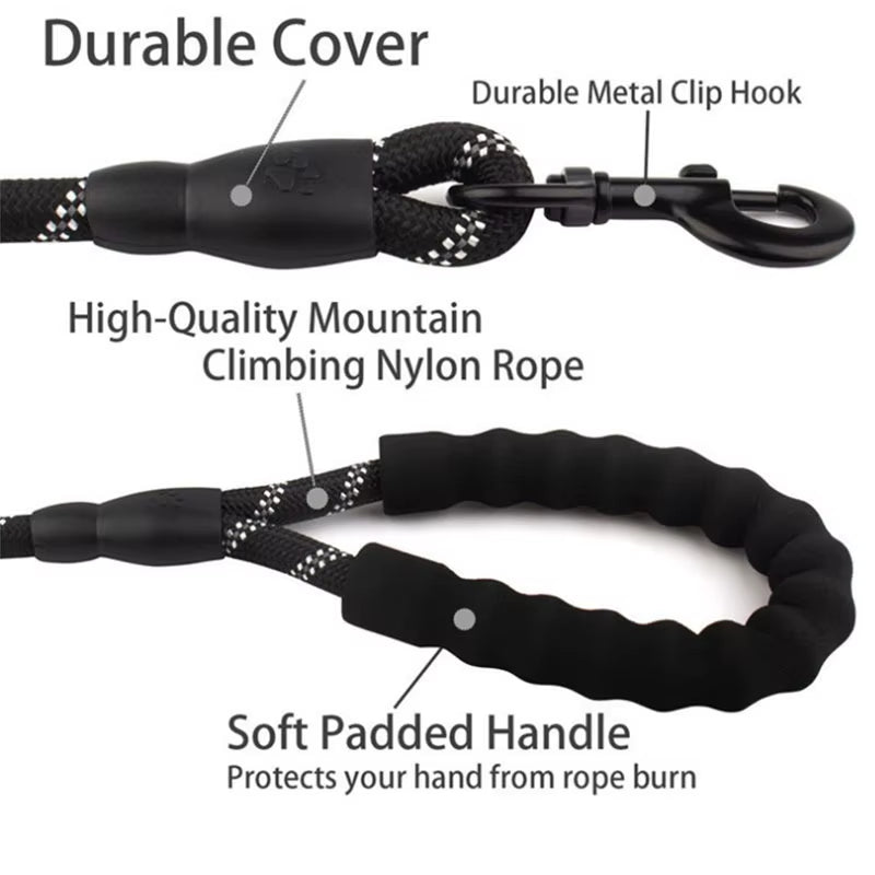 Reflective Dog Leash with Comfortable Padded Handle - Double Heavy Duty Traction Rope for Strong Dogs - Enhance Safety and Contr
